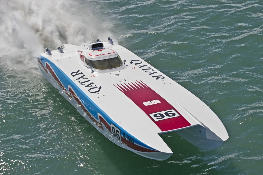 Qatar 96 bound for victory, not once, but twice as it outclassed its rivals in round two of the Offshore Superboats Championships off Mackay.  © Andrew Gricks http://www.andrewgricksphotography.com